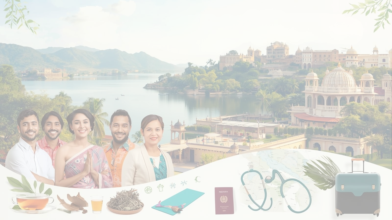 Group of people sitting outdoors with a scenic background of a lake and buildings.